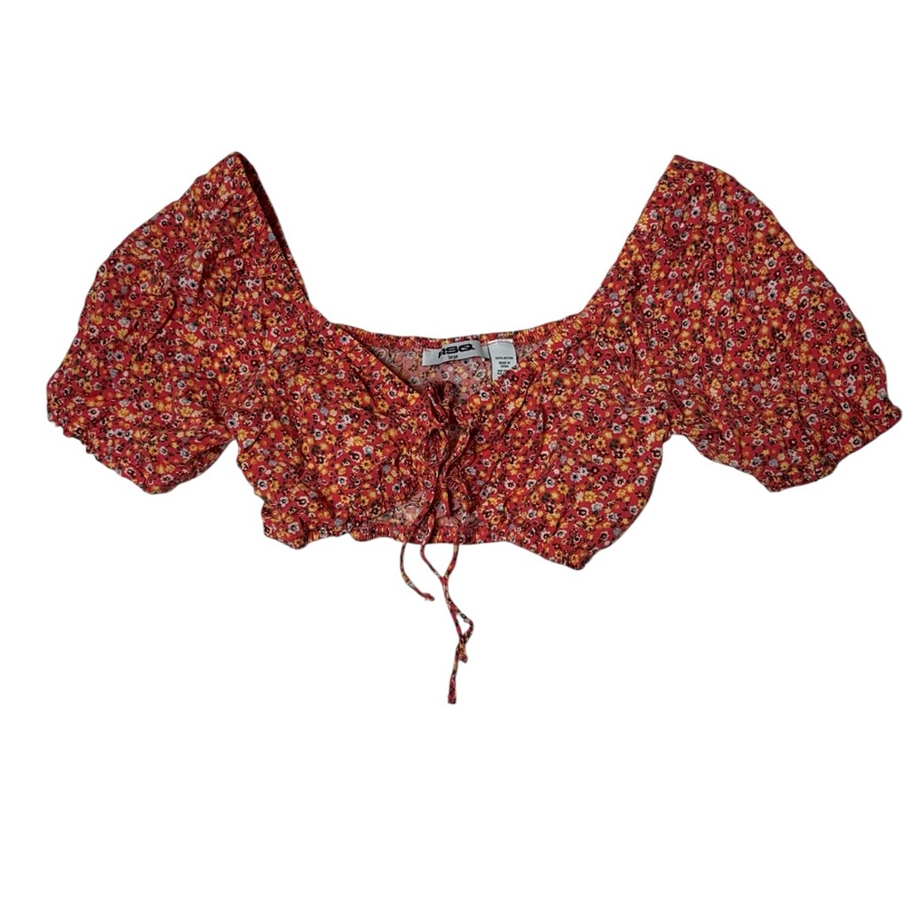 RSQ‎ Red Floral Puff Sleeve Crop Top Lace Up Front Women’s Large